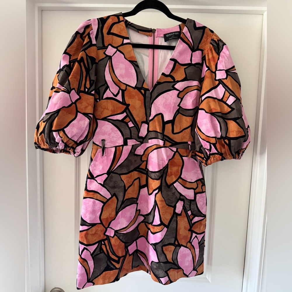 MINKPINK Vivid Pink and Orange Floral Mini Dress - Perfect for Spring!